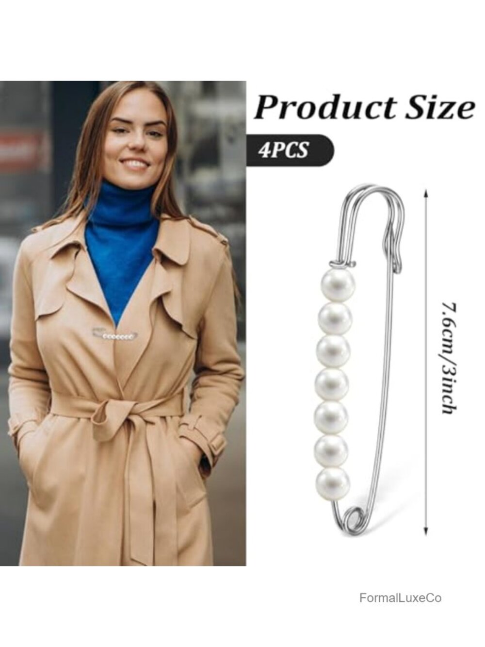 Pearl Brooch Pins for Women 3in Silver Safety Pin Set of 4 - Picture 2 of 6